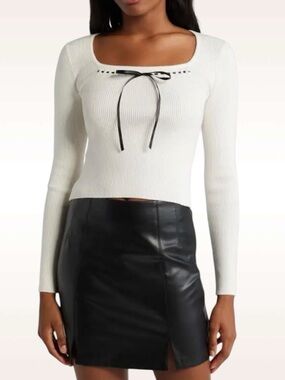 All in Favor Tie Neck Ribbed Sweater Ivory Black Bow Women’s Medium Nordstrom